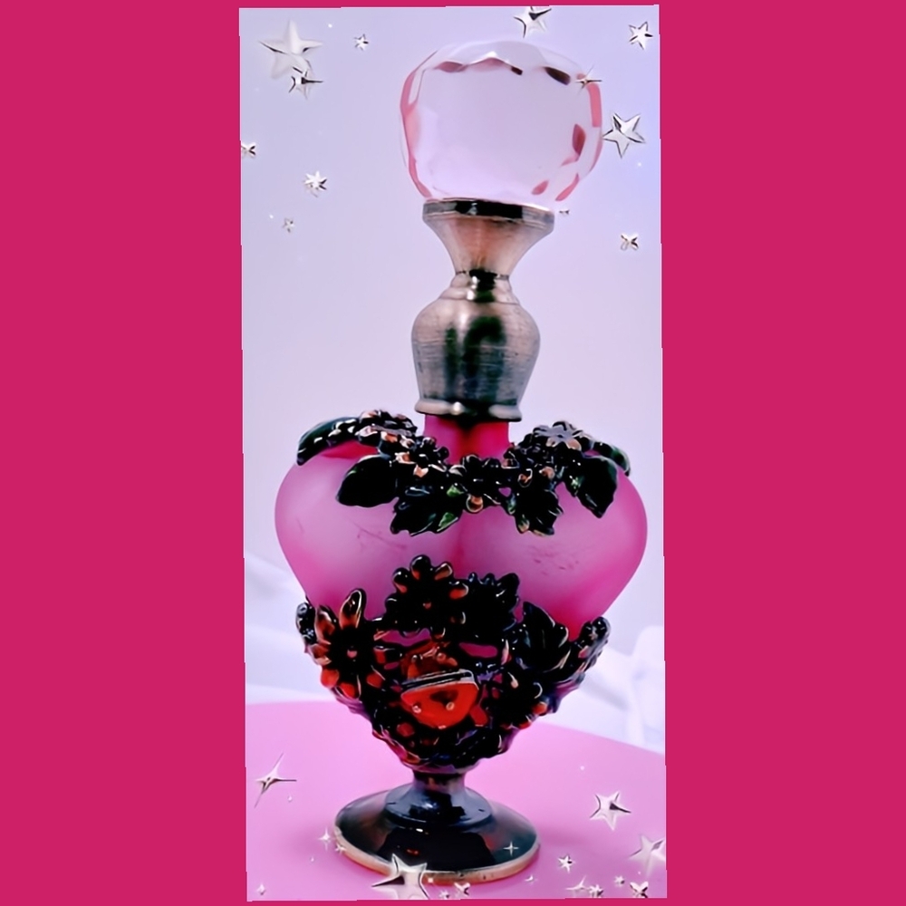 Vintage Inspired Pink Heart Perfume Bottle w/ Floral & Ladybug Decor